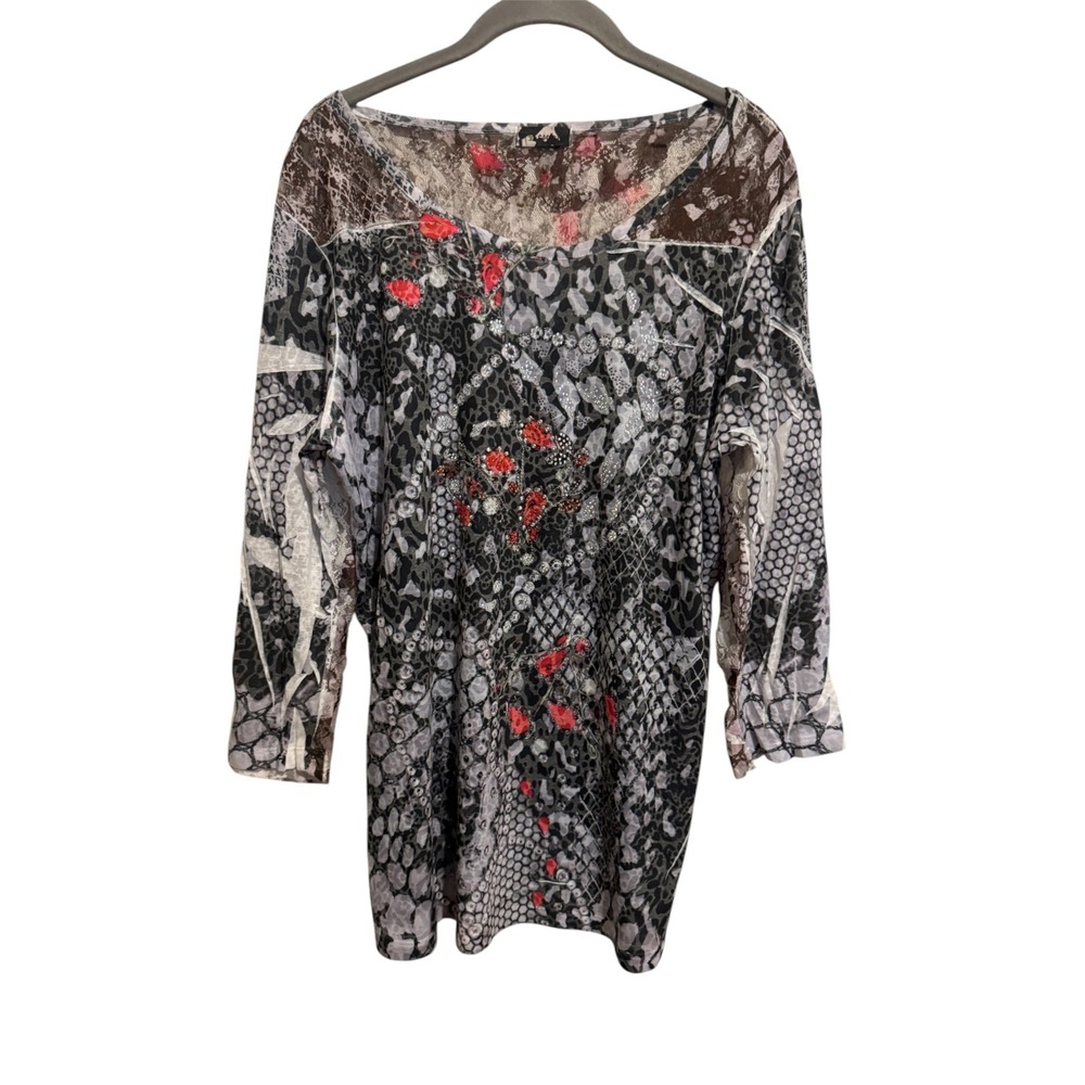 Cactus Mixed Print Top Women XL Grey Animal Lace Rhinestone Y2K Festival Grunge